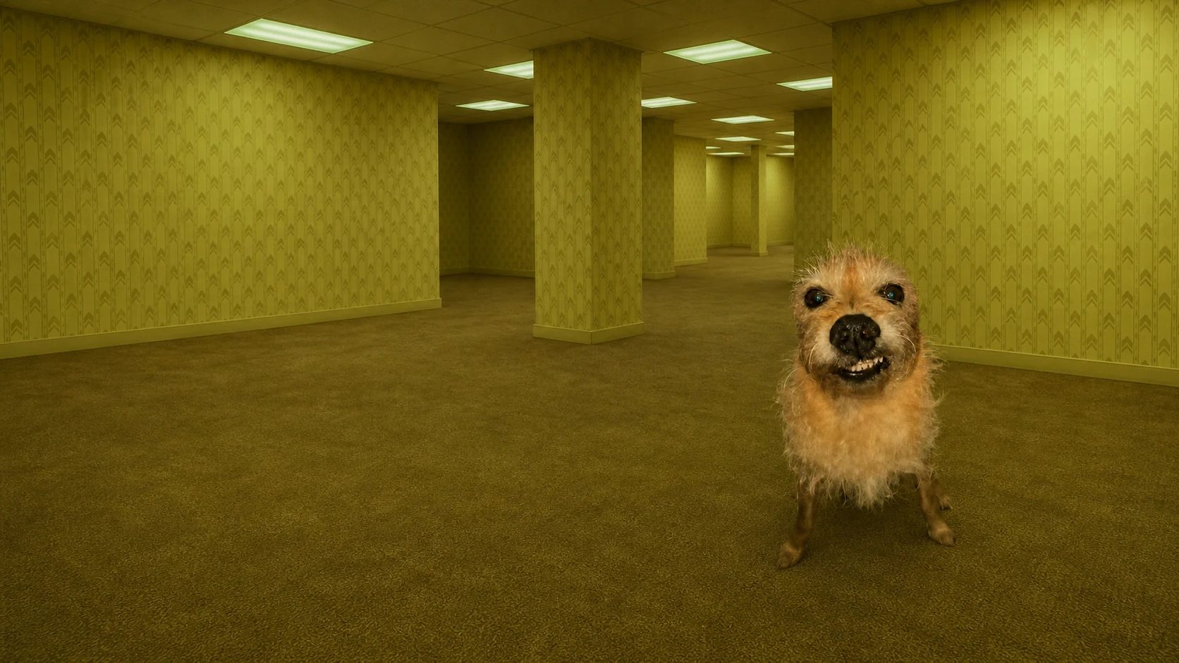 Backrooms Dog standing in the yellow hall